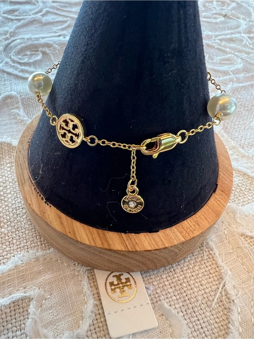 Tory Burch Gold-Tone Pearl Station Bracelet with Logo Discs